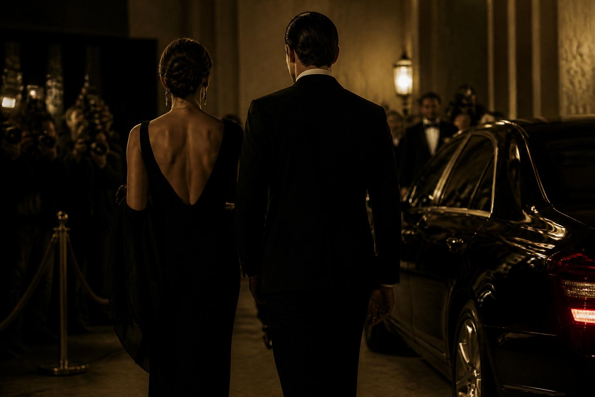 An elegantly dressed couple arriving at a black-tie evening event